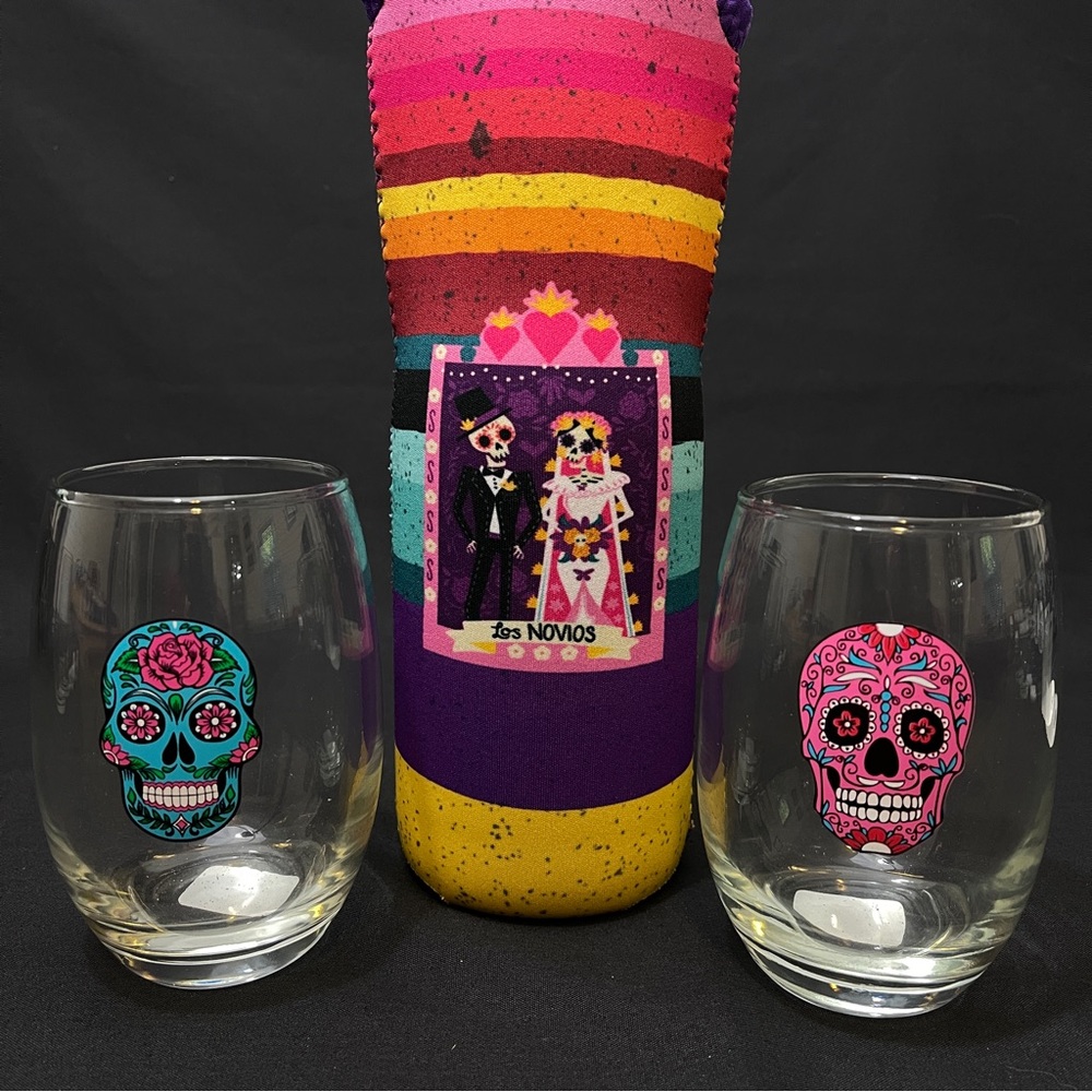 Day of the Dead Stemless Wine Glasses and Tote